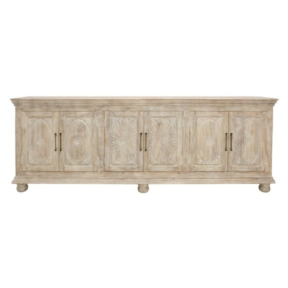 Athena 6-Door Sideboard in Distressed White Traditional Carving on Solid Wood