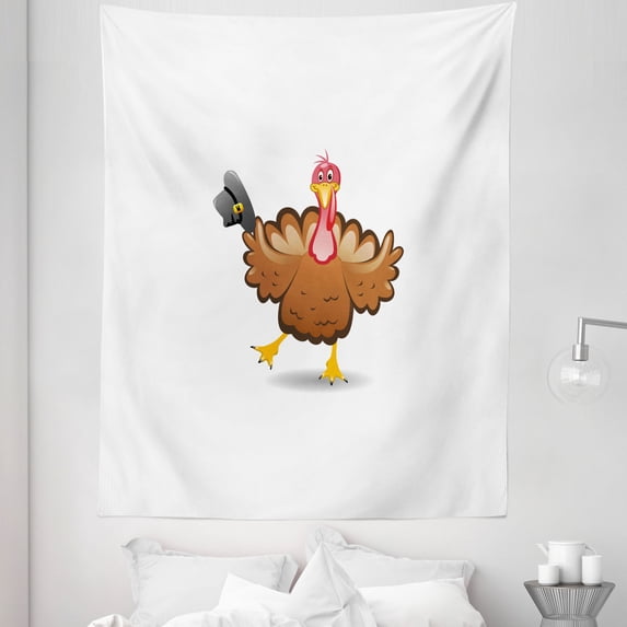 Turkey Tapestry, Dancing Cartoon Animal with Pilgrims Hat Thanksgiving Dinner with a Funny Character, Fabric Wall Hanging Decor for Bedroom Living Room Dorm, 5 Sizes, Multicolor, by Ambesonne
