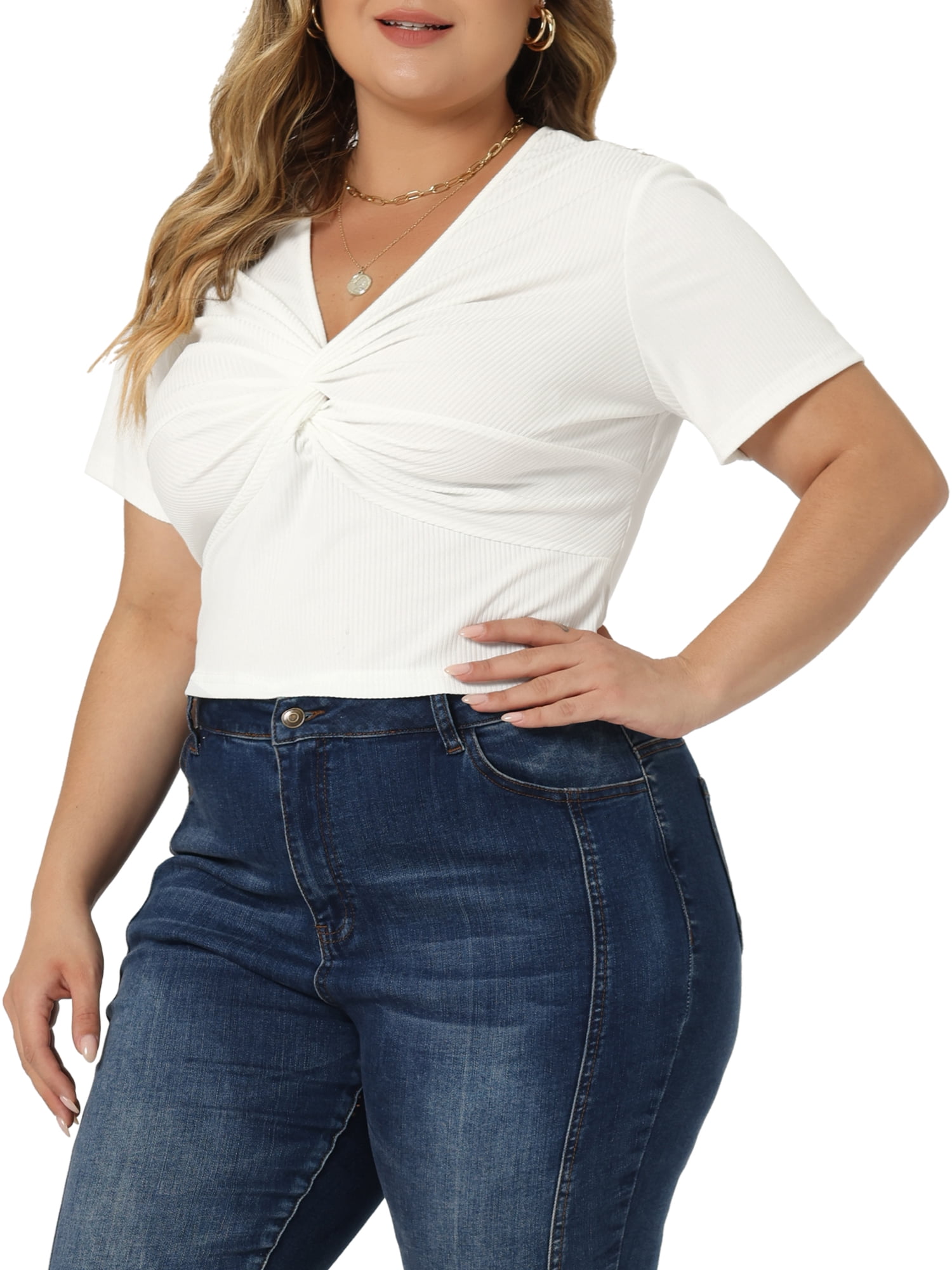 Women's Plus Size Twist Front V Neck Ribbed Short Sleeve Casual Solid Blouses White 1X