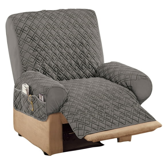 Collections Etc Diamond-Shape Quilted Stretch Recliner Cover with Storage Pockets and Elastic Straps  - Furniture Protector