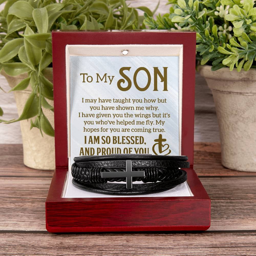 To My Son I Am So Blessed Men's Stainless Steel & Vegan Leather Cross Bracelet - Vegan Leather with Stainless Steel