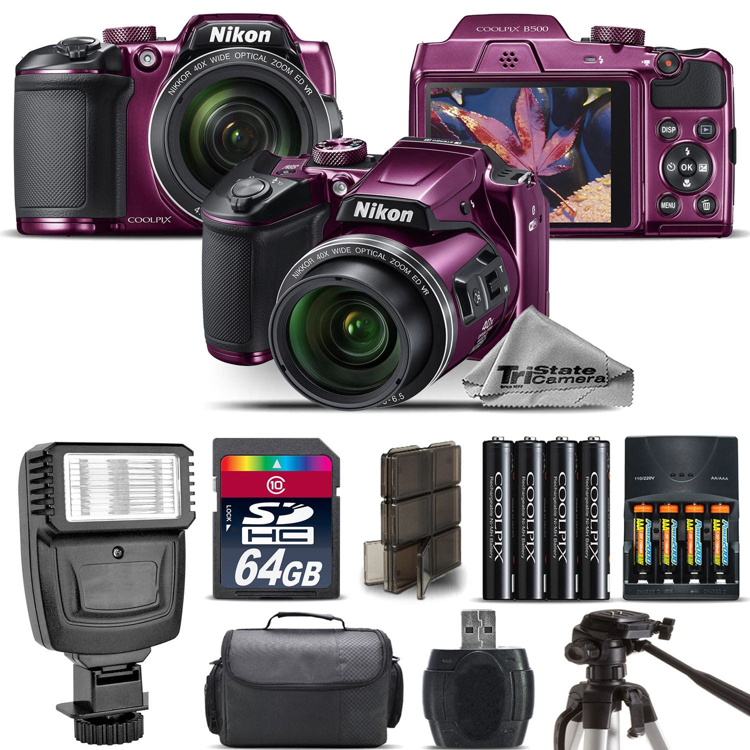 Nikon COOLPIX B500 Plum Camera 40x Optical Zoom + Flash + Case - 64GB Kit Bundle - image 1 of 11
