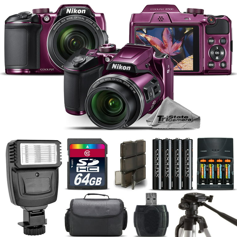 Nikon COOLPIX B500 Plum Camera 40x Optical Zoom + Flash + Case - 64GB Kit  Bundle