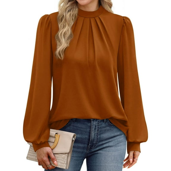 HAiming Long Sleeve Shirts for Women Mock Neck Tops Pleated Front Blouses Dressy Casual Fall Trendy Clothes