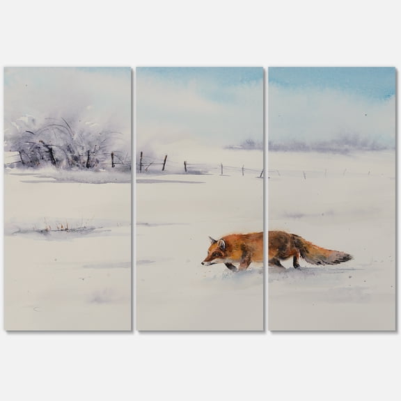 Designart ' Red Fox Running In White Snow in Countryside I ' Farmhouse Canvas Wall Art Print