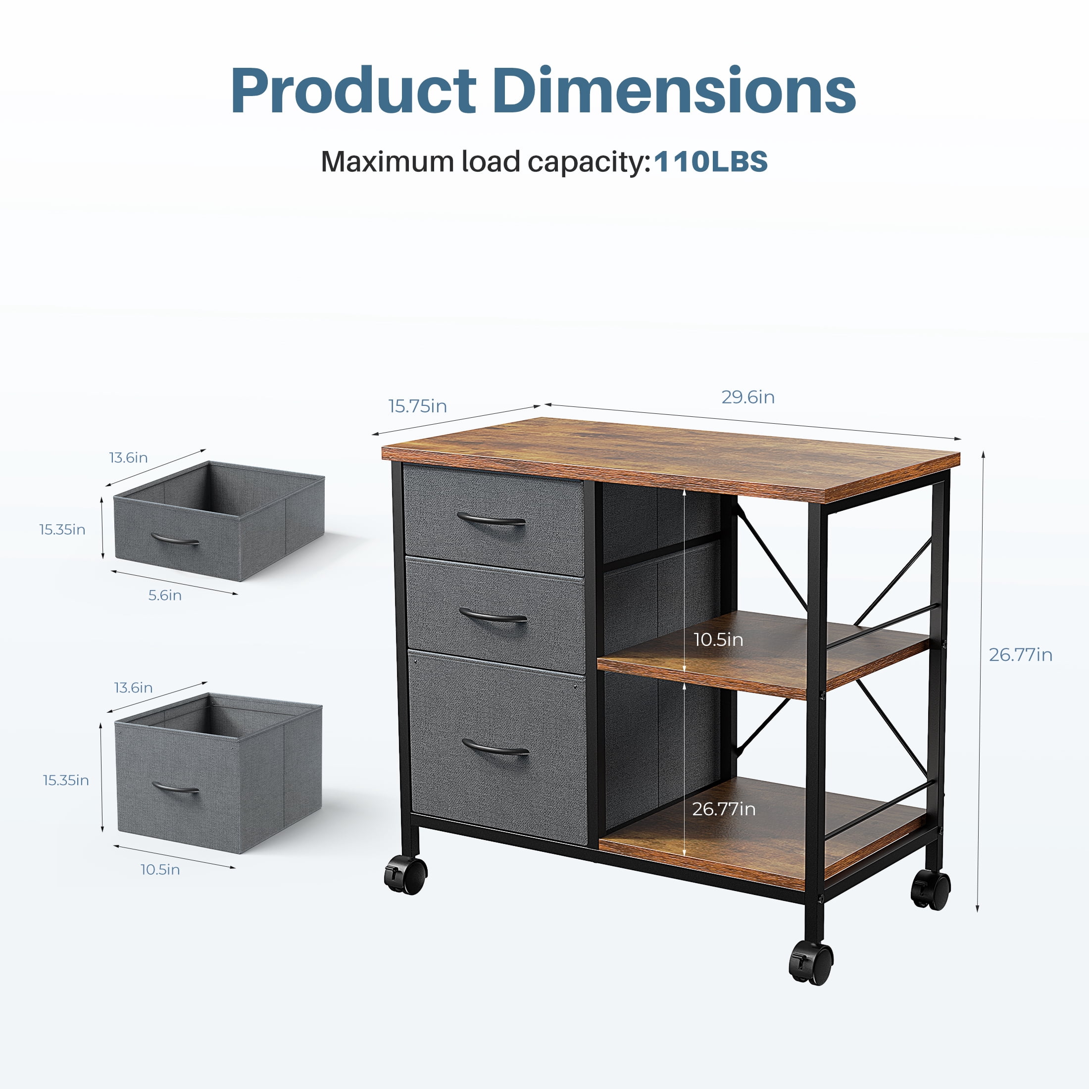 EDX 3 Drawer Mobile File Cabinet, Rolling Storage Cabinet with Open Storage Shelf, Fabric Lateral Filing Cabinet for Home Office, Rustic