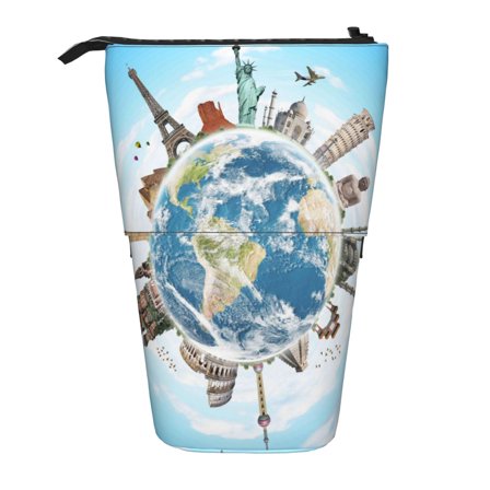 Xecao World Travel Print Telescopic Pencil Bag Pen Holder Pop Up Stationery Case Stand-up Retractable Transformer Bag Standing Organizer