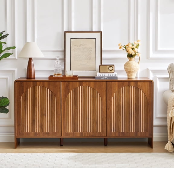 WIRRYTOR Fluted Sideboard Buffet Cabinet with 3 Doors, Buffet Storage Cabinet with Adjustable Shelves, Pop-Up Doors, Stripe Patterns&Arche Tirm Design for Kitchen Dining Living Room,Walnut