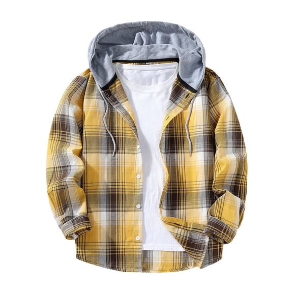 Miluxas Mens Flannel Hoodie Shirt Casual Button Down Plaid Jacket Shirts Fall Fashion Stylish Long Sleeve Shirts with Pocket Yellow