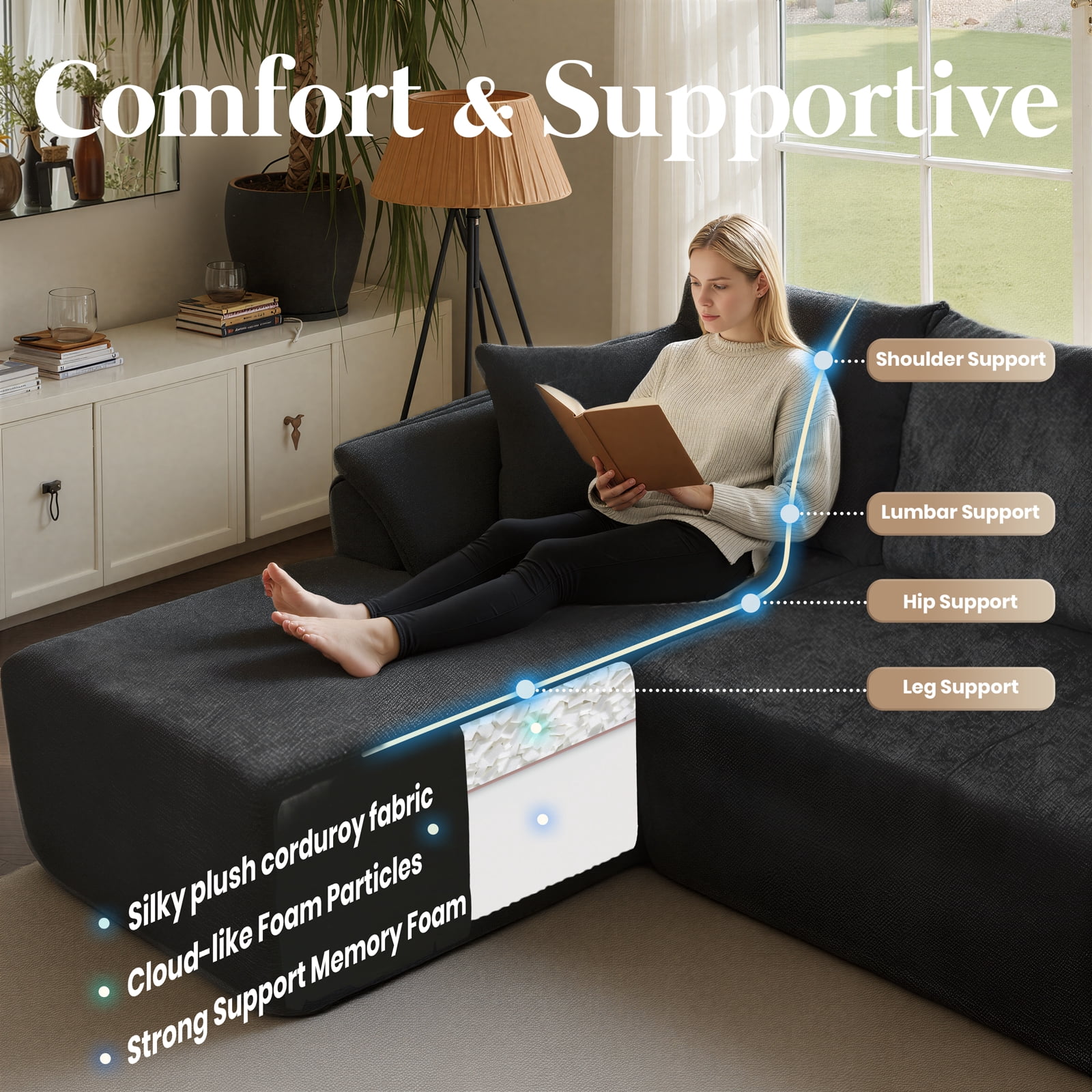 Kelyda 130'' U Shaped Sectional Couches, Modern Deep Seat Foam Boneless Cloud Sofa for Living Room Black