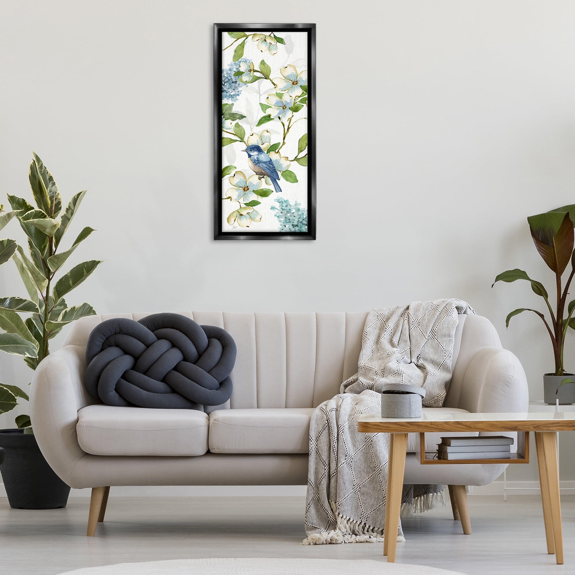 Stupell Industries Dogwood Flowers & Bird Plants & Flowers Painting Black Floater Framed Canvas Art Print Wall Art, 14 x 31