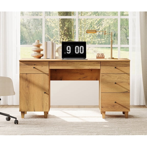 WAMPAT 58" Executive Desk with 5 Drawers and 1 Door, Modern Farmhouse Home Office Computer Table with Charging Station, Oak Brown