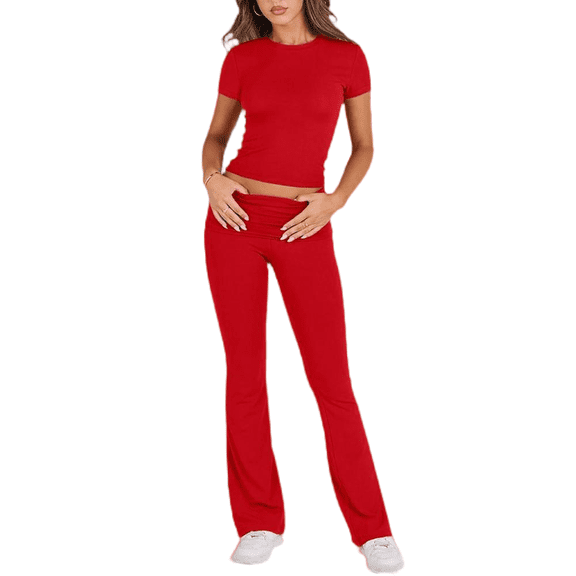 LYMAYTER Casual Outfits for Women Cozy 2 Piece Lounge Set Short Sleeve Crop Top Fold Over Flare Pants