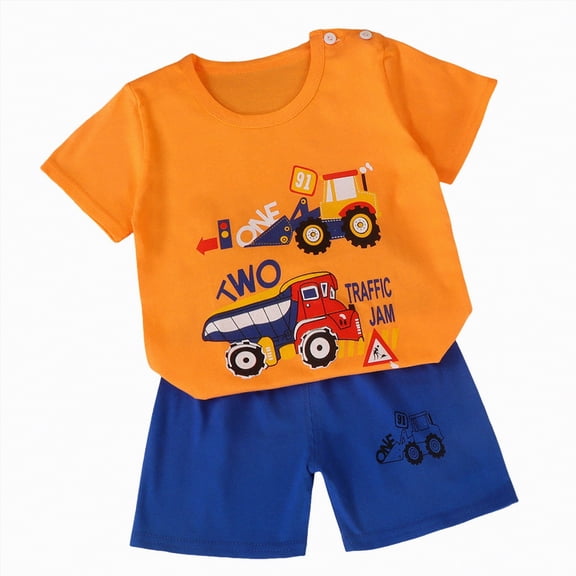 kpoplk Toddler Kids Boys Outfits 3T-5T 2 Piece Clothes Set Dinosaur Race Car Print Short Sleeve T-Shirt and Shorts Orange,5-6 Y