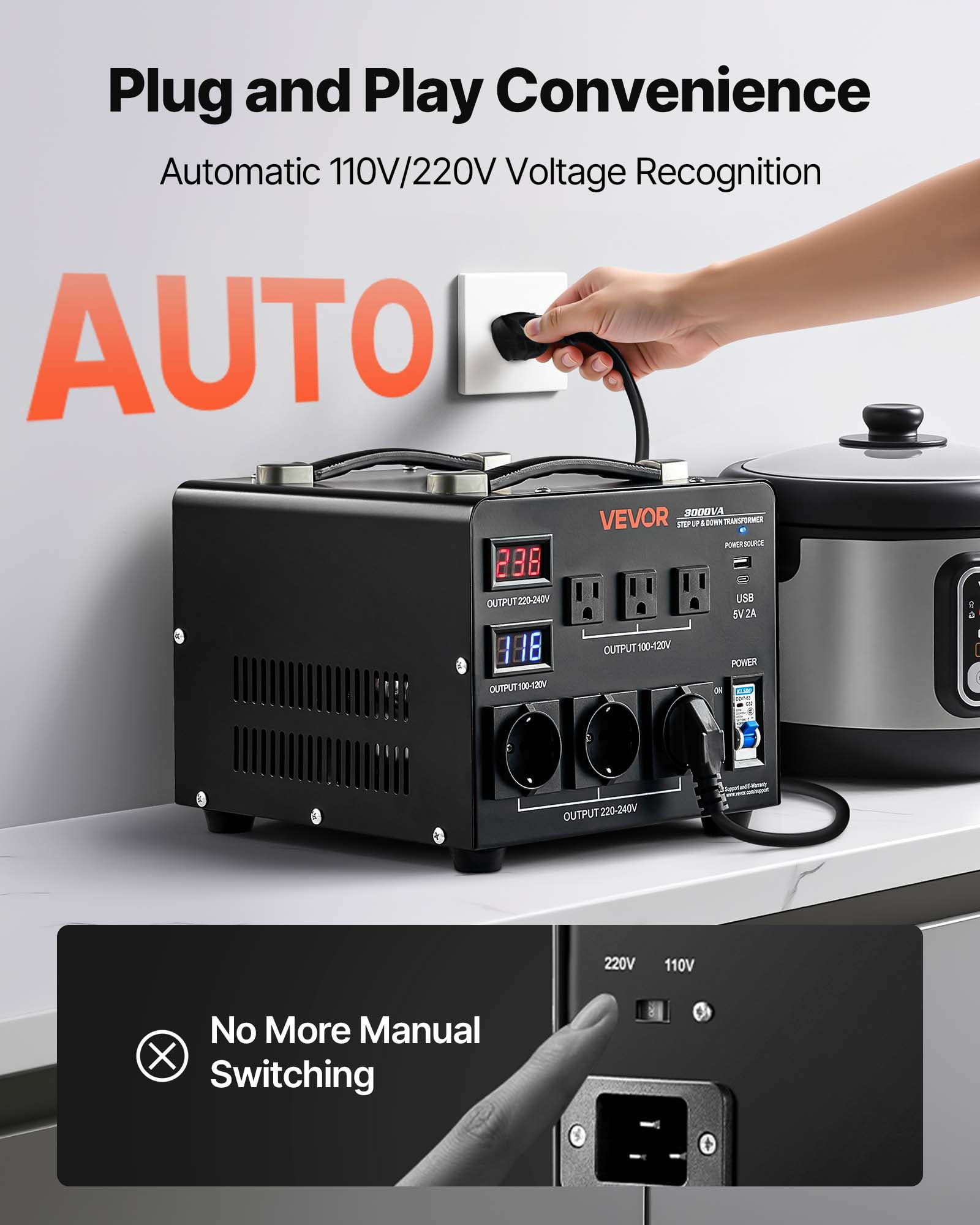 VEVOR Voltage Auto Converter Transformer, 3000W, Heavy Duty Step Up/Down Power Transformer, 110V to 220V and 220V to 110V, with 3 US Outlets, 3 EU Outlets, LCD Display, Circuit Breaker Protection