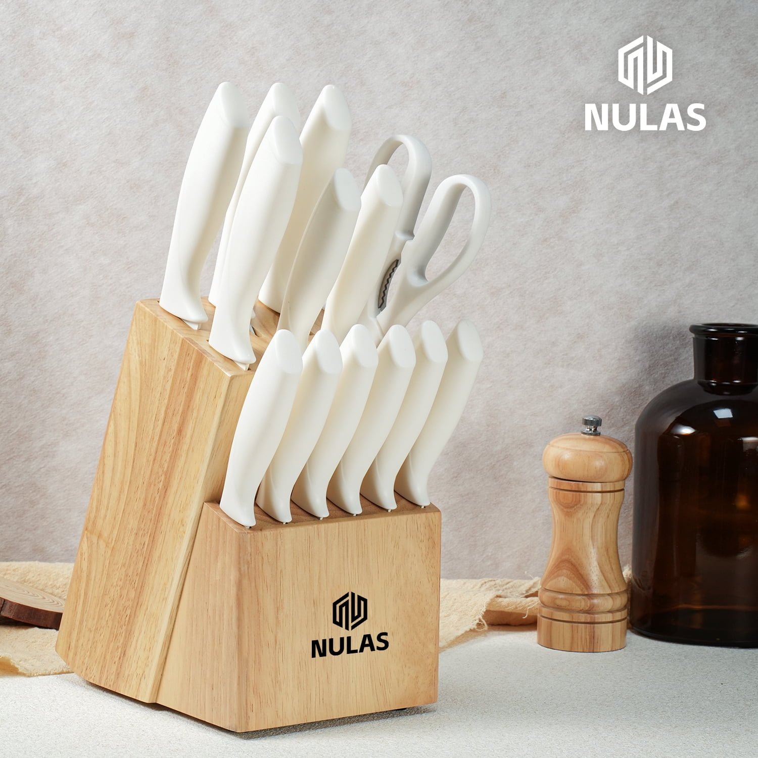 NULAS Knife Set, 14-Piece with Built-in Sharpener, Non-Stick Coated High Carbon Stainless Steel Knife Block Set, Dishwasher Safe, Cream