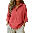 thumbnail image 3 of LEKODE Linen Tops for Women Gauze Tunic Summer Tees Gauze Shirts Vacation Dress Loose Clothes Casual Roll Up Sleeve Shirt Tunic Tops 3/4 Sleeve Casual Tunic Blouses Button Blouses V Neck Red M, 3 of 8