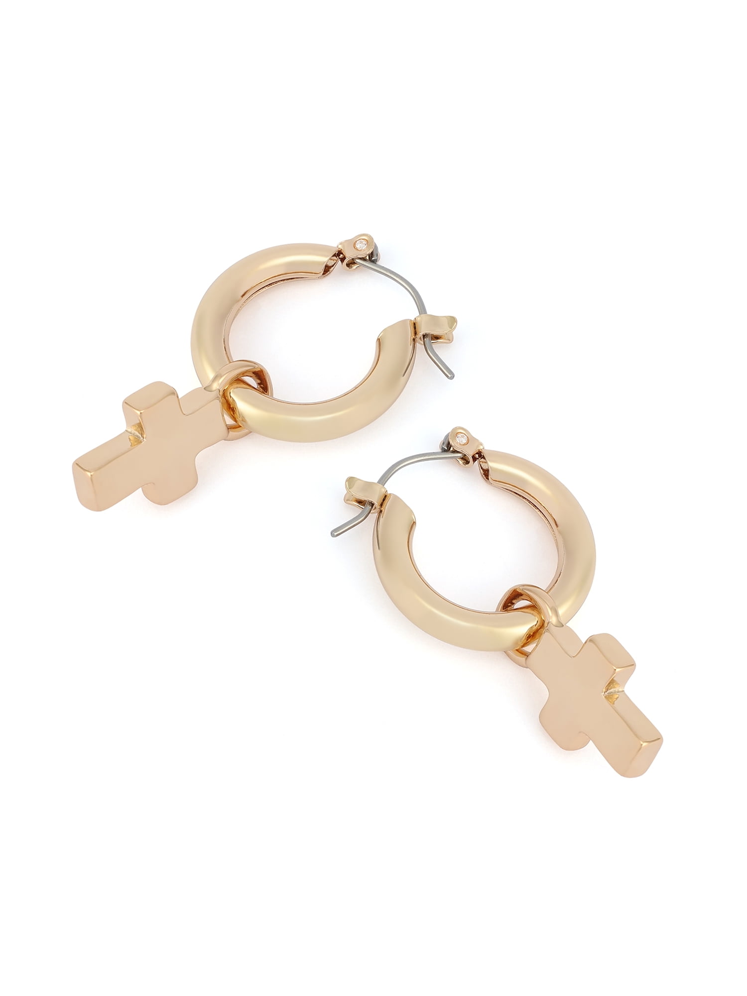 Madden NYC Women's Fashion Gold-Tone Cross Charm Huggie Earrings