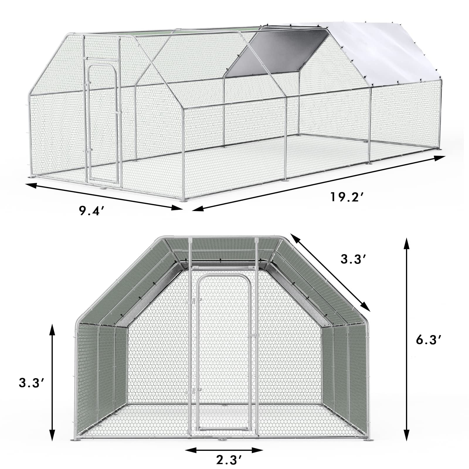 Aukfa Chicken Coop, 19.5 ft Large Chicken Run Cage Outdoor, Heavy Duty Metal Frame, Flat Roof, Silver