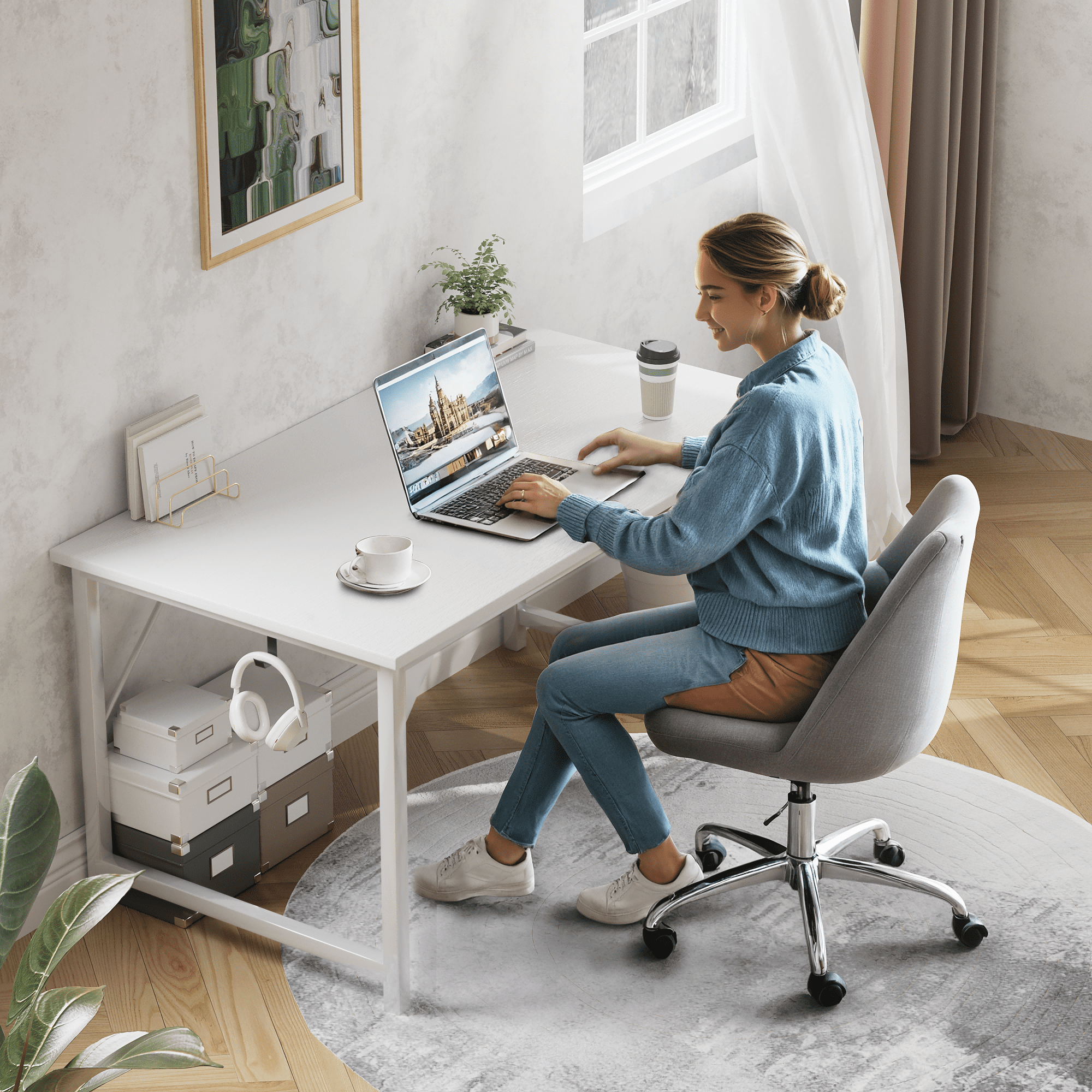 Lacoo Computer Desk 31 Inch Small Office Desk Modern Writing Desk with Storage Bag Work Study Table with Headphone Hook for Home Office, White
