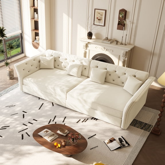100" Oversize Pull Out Sofa Bed, Convertible Sleeper Sofa with Handmade Fabric Flower Tufted Design,Multi-Functional Velvet Loveseat Bed for Living Room,Bedroom,Beige/White