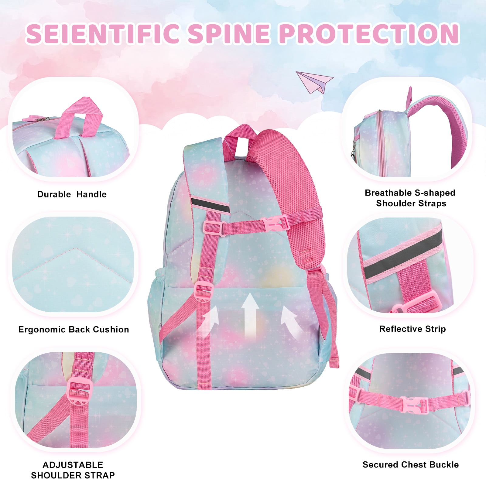 DAKIMOE School Backpack Starry Rainbow Bookbag Cute Large Capacity Backpack Multifunction Fashion Casual Laptop Travel Daypacks Kawaii Bag For Teens Students, Blue, 17 inch