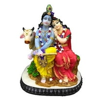Sri Krishna Culture-Sitting Radha Krishna Idol with Cow-Hindu God and Goddess Idol Statue/Murti/Figurine(7")-Polyster Resin-Multicolour-Showpieces for Gifting and Home Decor