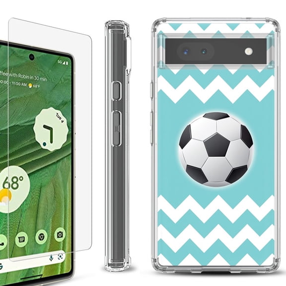 Shockproof Bumper Phone Case for Google Pixel 6a, with Tempered Glass Screen Protector, by OneToughShield ® - Chevron/Soccer