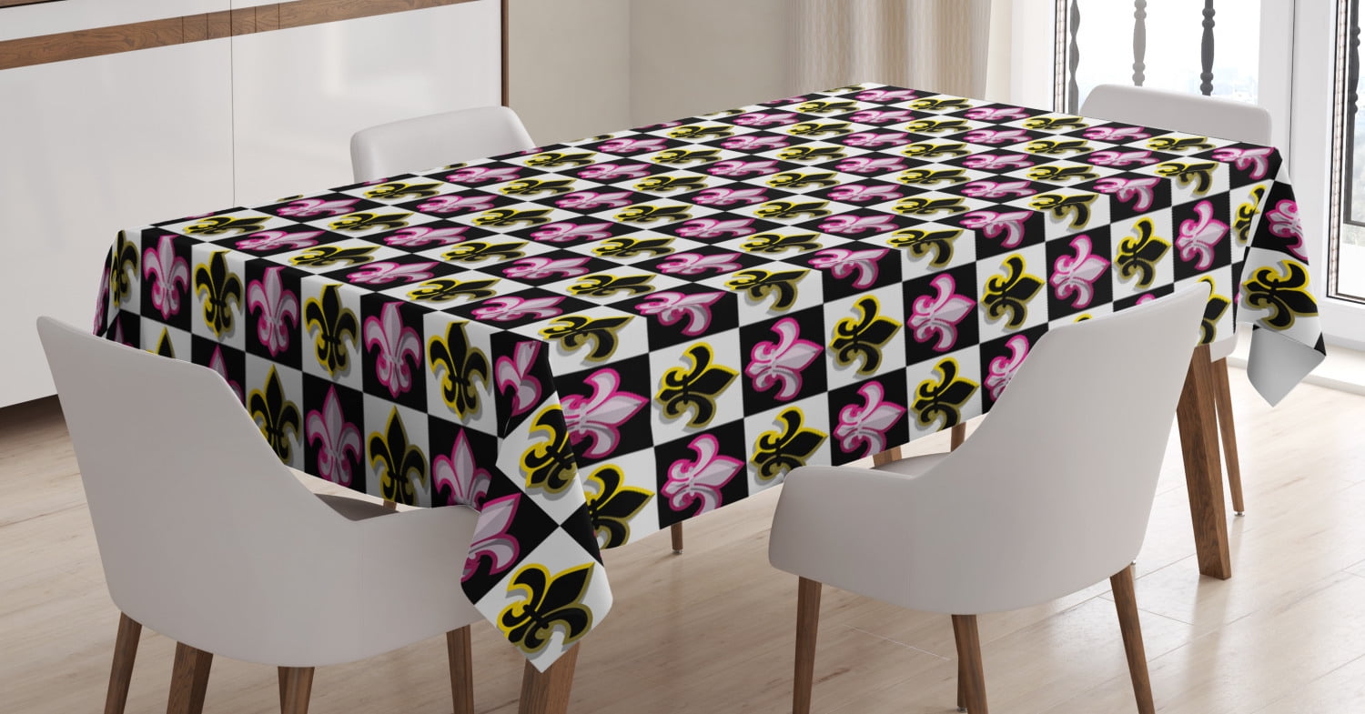 Rectangle Satin Table Cover Accent for Dining Room and Kitchen Multicolor 60 X 84 Antique Classical Foliage Leaf Motifs with Pop Art Influences Checkered Design Ambesonne Fleur De Lis Tablecloth