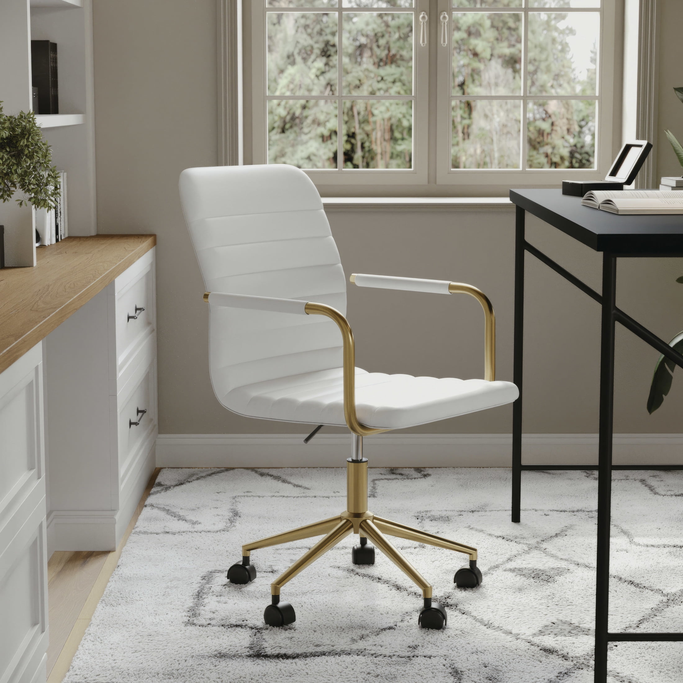 Martha Stewart Taytum Upholstered Office Chair in White/Polished Brass
