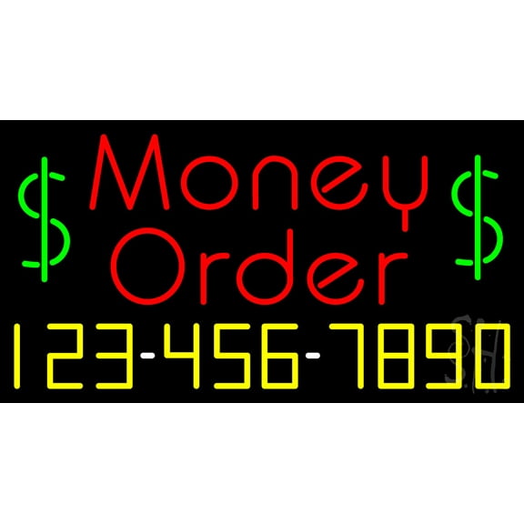 Red Money Order with Phone Number LED Neon Sign 13 x 24 - inches, Black Square Cut Acrylic Backing, with Dimmer - Bright and Premium built indoor LED Neon Sign for Defence Force.