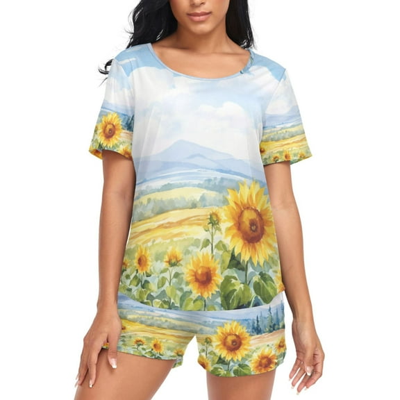 joogoo Women's Pajama Set Spring Sunflower Short Sleepwear Loungewear with Pockets M