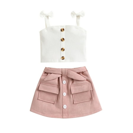 

Tregren Toddler Baby Girl Summer Clothes Bow Strap Ribbed Knit Tank Tops Belted Skirt Set 2 Piece Outfit Sets