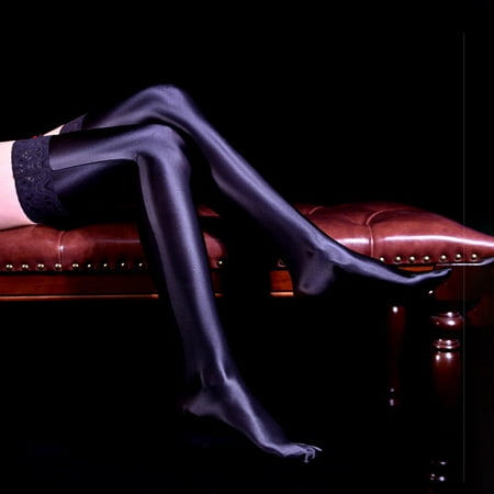 

ALSLIAO Ladies Ultra-Thin Oil Shiny Glossy Sheer Lace Top Thigh High Stockings Hold Ups Black
