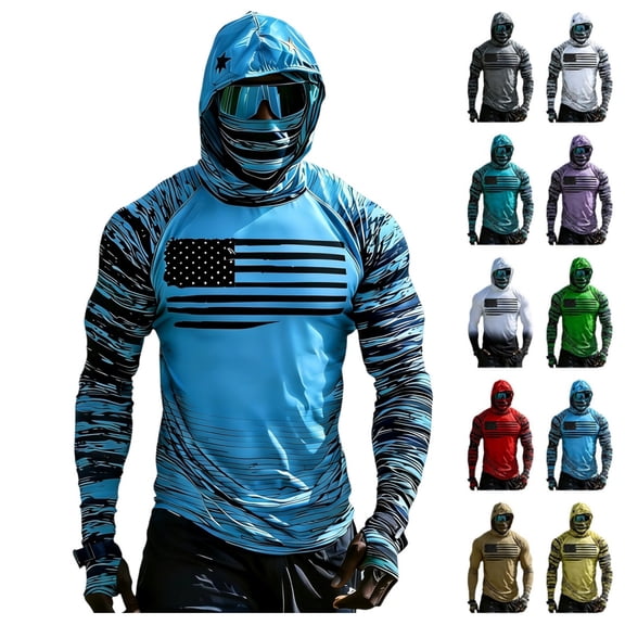 Men's UPF 50 Sun Protection Hooded Shirt with Integrated Face Cover Long Sleeve Lightweight Rash Guard Shirts