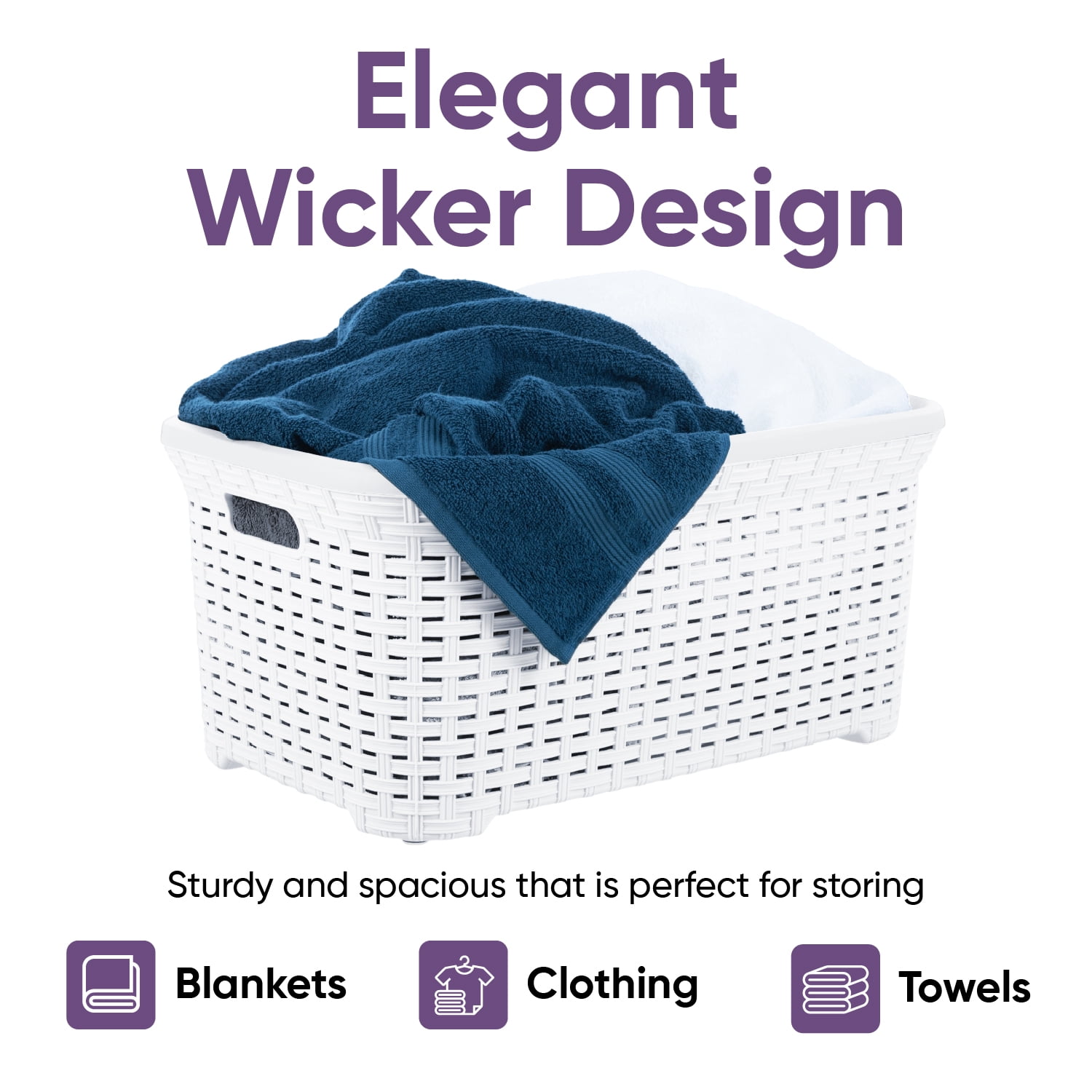 Superio Laundry Basket, Laundry Hamper, 50-liter wicker style basket with cutout handles, to storage dirty clothes, in washroom, or bedroom, white.