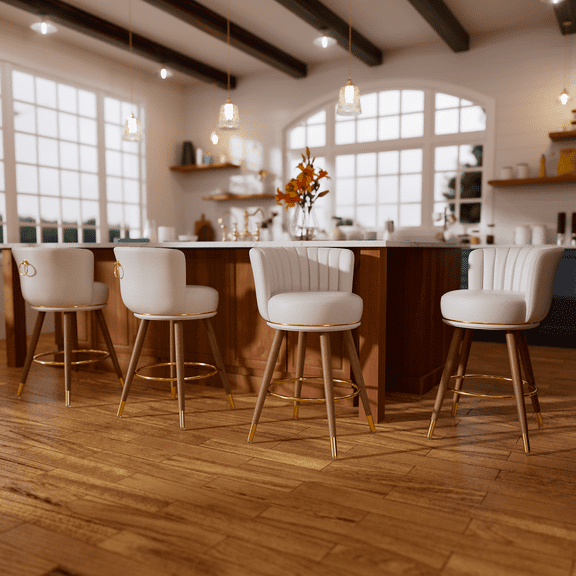 HomeZeer 26" Counter Height Bar Stools, Furniture Round Low Back Pedestal Bar Stool, PU Leather Swivel Bar Chair for Kitchen,White (Set of 4)