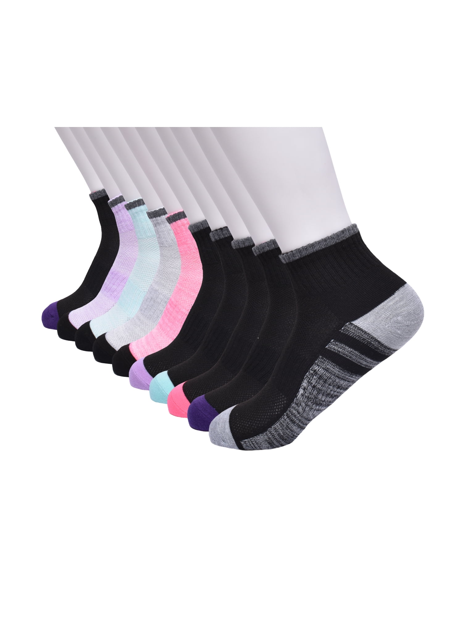 Athletic Works Girls Cushioned Ankle Socks, 10-Pack, Sizes S (6-10.5) - L (4-10)