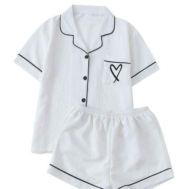 cfhntfmh Womens Pajama Sets Pj Set Cute Heart Print Short Sleeve Button down Shirt with Shorts 2 Piece Pjs Set