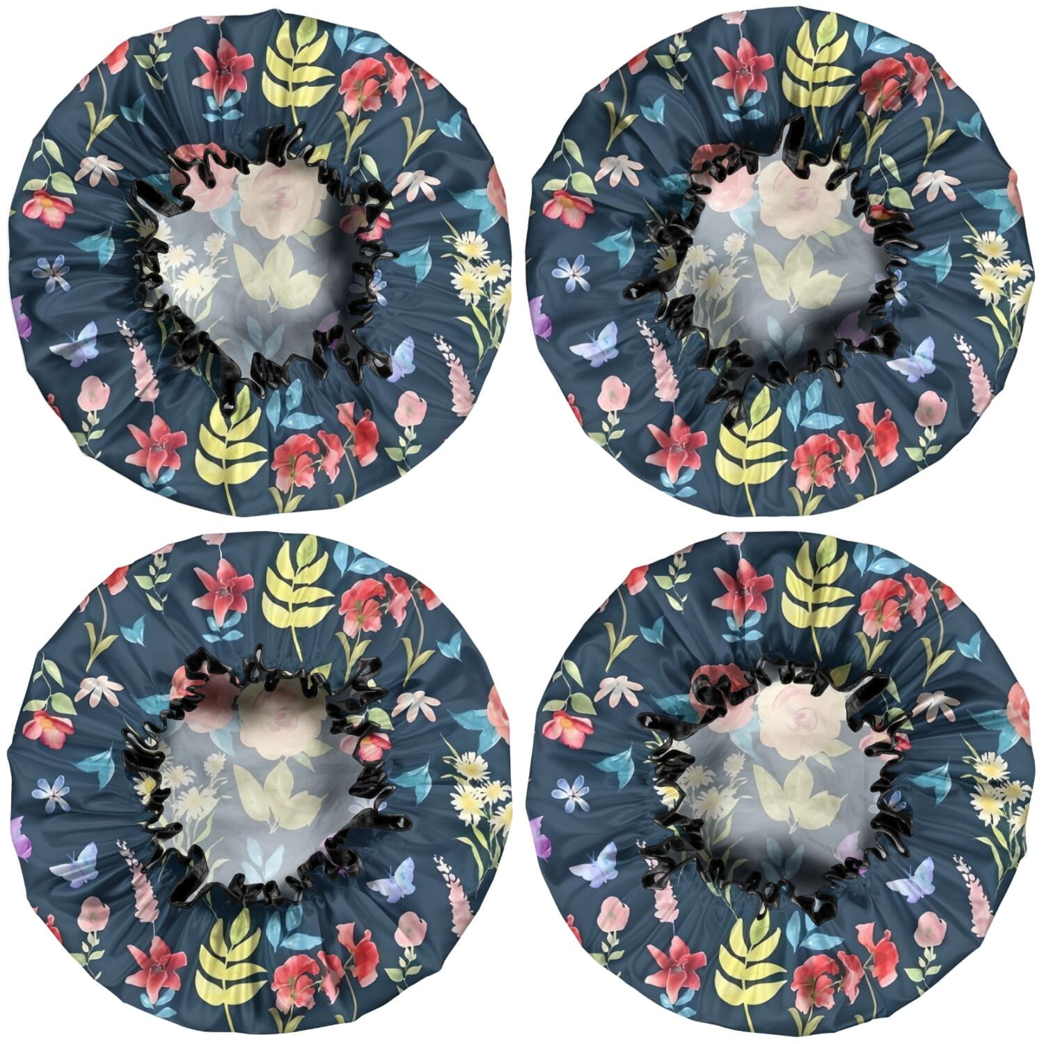 Shower Caps,Pioneer Flower Floral Print Pattern Waterproof Shower Cap for Women 4 Pieces,Double Reusable Hair Cover for Shower PEVA Elastic Stretch Hem