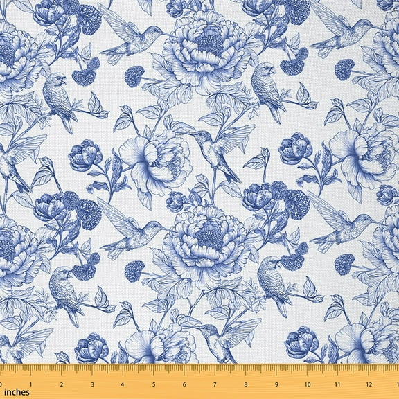 Manfei Chic Blue Blossoms Fabric by the Yard (1 Yard) for Girls Women, Botanical Plant Theme Decorative Fabric by the Yard, Flower Floral Sewing & Crafting Fabric