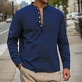 thumbnail image 5 of Mens Linen Henley Shirt Long Sleeve Band Collar Casual Hippie Tee Beach Button up Top Navy XL, 5 of 8