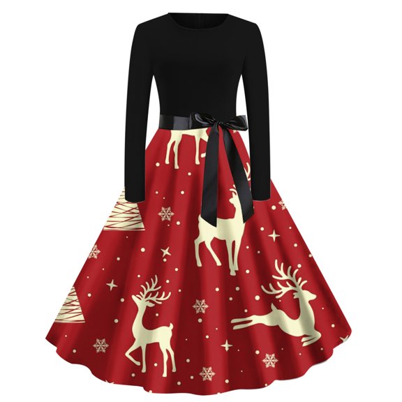 Ecqkame Christmas Dresses for Women Vintage Cocktail Dress Clearance Women's Christmas Crew-Neck Print Long-Sleeved Vintage Dress Red L