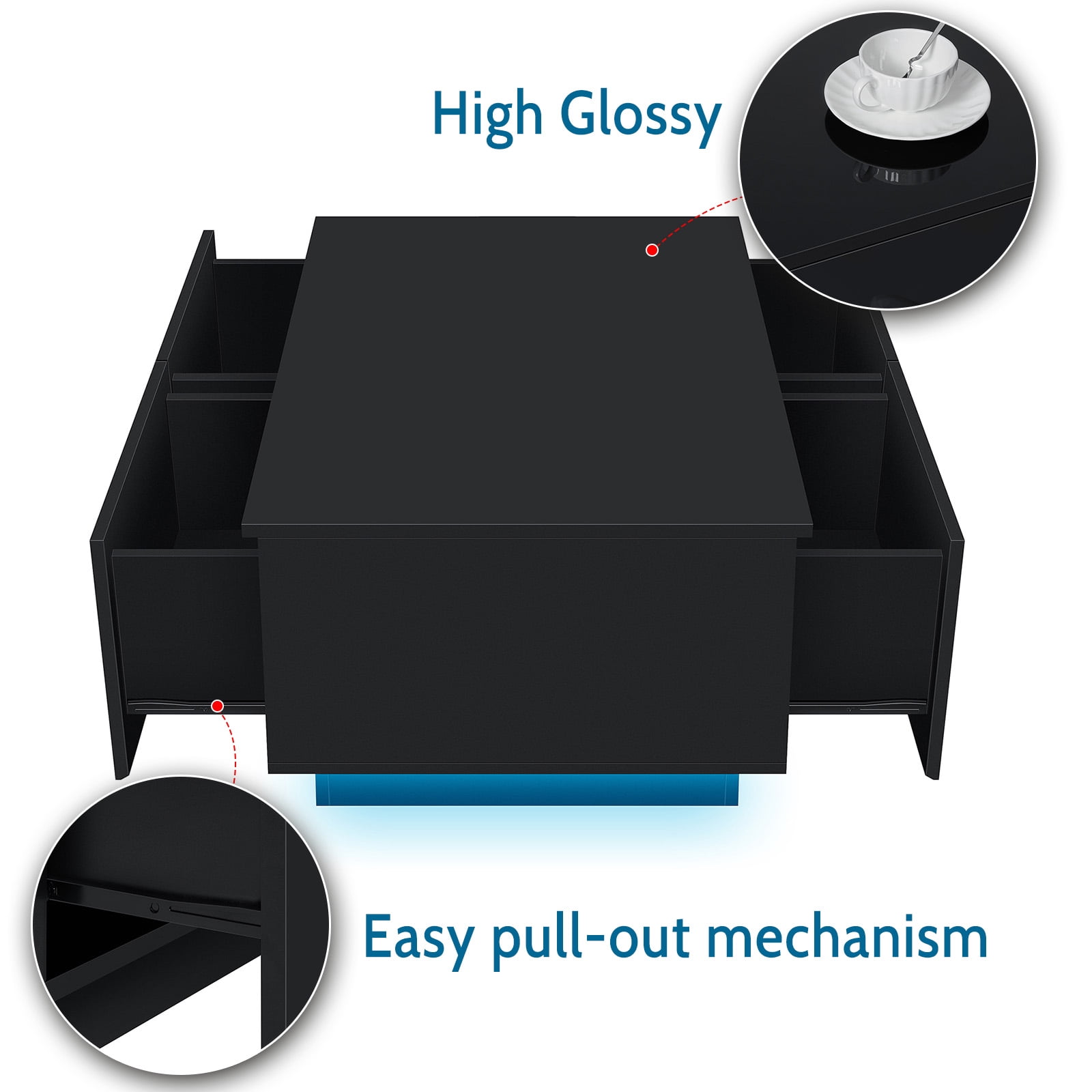 Hommpa Rectangular LED Coffee Table with 4 Drawers High Gloss Black Finish Modern Living Room Sofa Side Cocktail End Table 37.4 x 23.6 x 15.4 inches