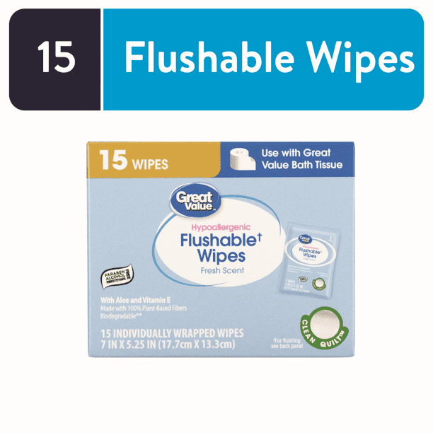 Great Value Fresh Scent Flushable Wipes, 15 Individually Wrapped Wipes