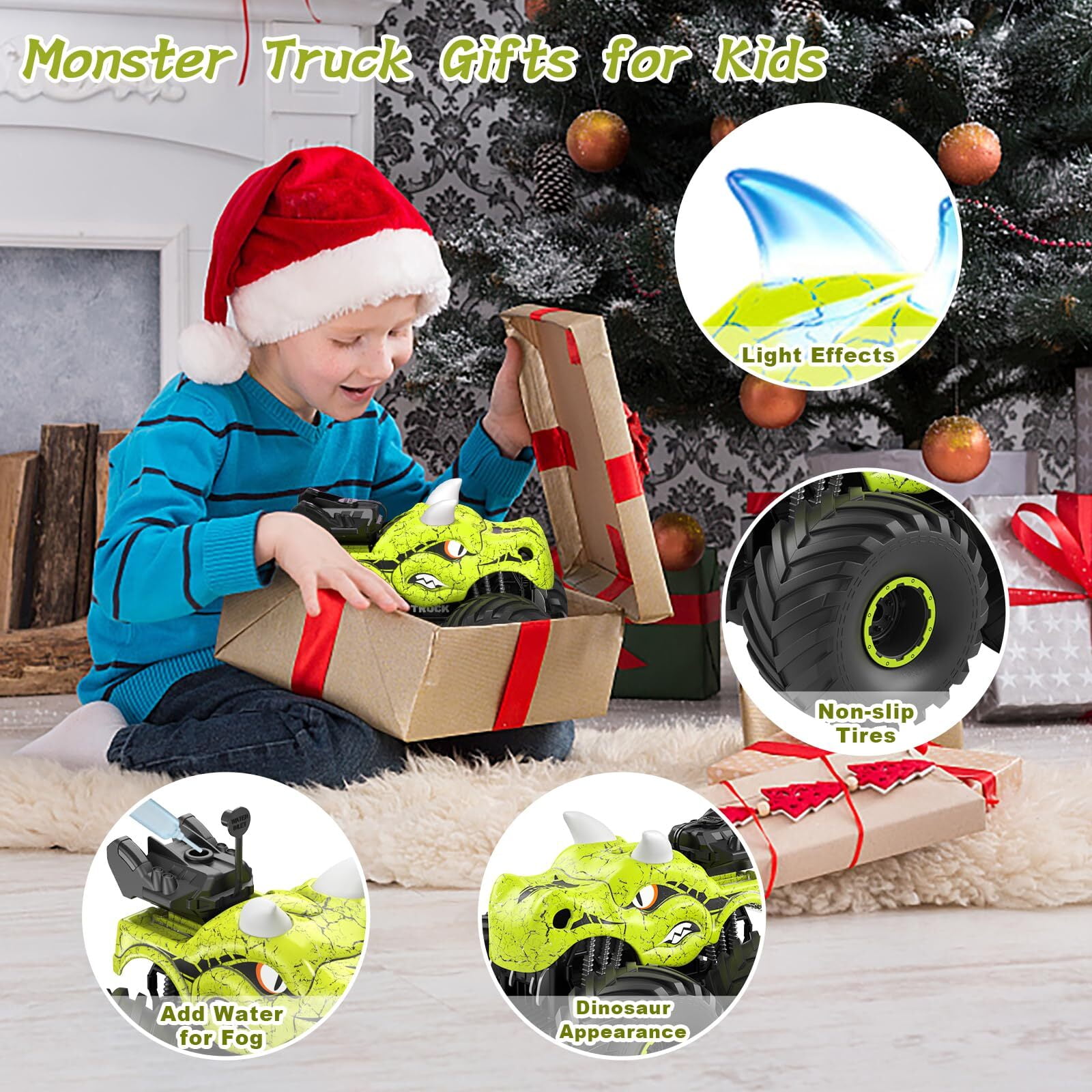 JBeeCtrl Remote Control Car 2.4GHz 360° Rotating RC Monster Trucks for Boys with Spray, Light & Sound Dinosaur Toys for Kids Boys 3 4 5 6 7 8 Christmas Birthday Gift（Green）