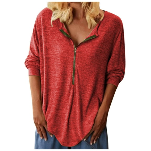 Arlun,Half Zipper Oversized Tshirts for Women Loose Fit Solid Color Tops Womens V-Neck Long Sleeve Baggy Comfortable Basic Simple Leisure Tshirts Red XL