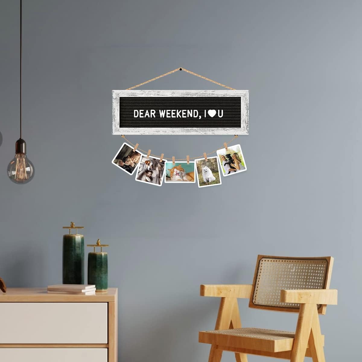 Hanging Photo Display Multiple Polaroid Picture Frames Collage Wall Decor, Felt Letter Board with 340 Letters and 15 Clips, DIY Cards Holder Frame Collage Set for Christmas Holiday Birthday Gi
