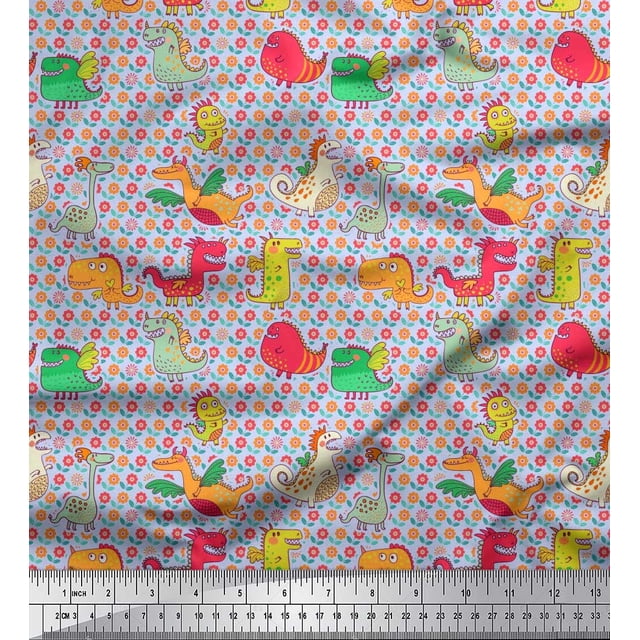 Soimoi Polyester Crepe Fabric Floral & Dinosaur Cartoon Printed Craft Fabric by The Yard 52 Inch Wide
