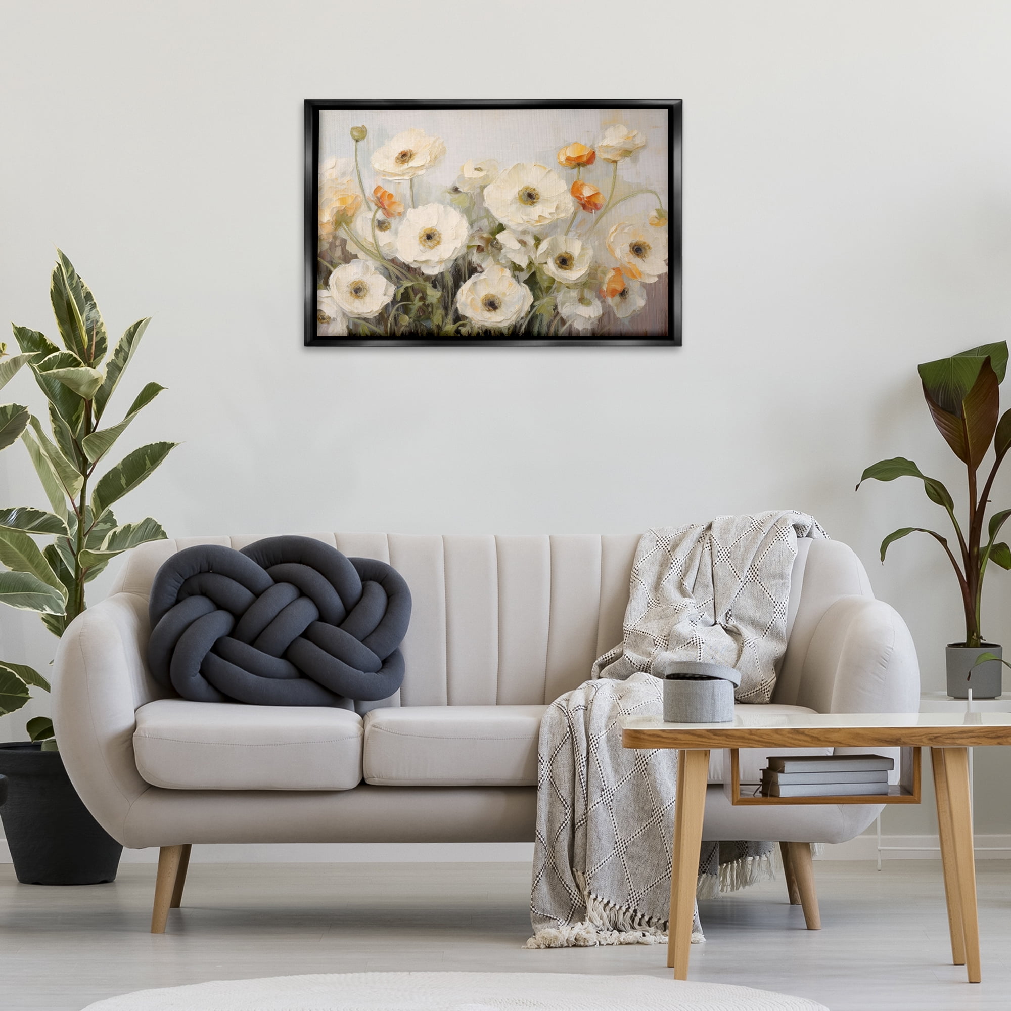 Stupell Industries White Ranunculus Blooms Plants & Flowers Painting Black Floater Framed Canvas Art Print Wall Art, 31 x 21